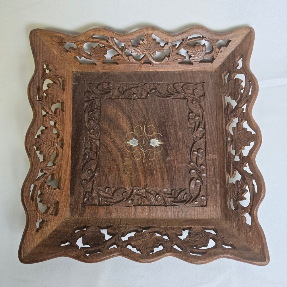 Vintage Hand Carved Wooden Serving Tray 10" x 10" Square Flawed READ